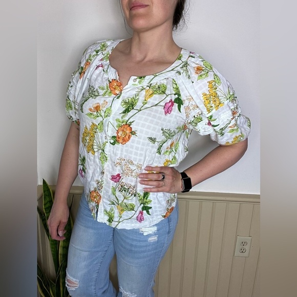 Jane and Delancey Tops - Jane Delancey Floral Puff Sleeve Peasant Blouse Size L Cottagecore Garden Top